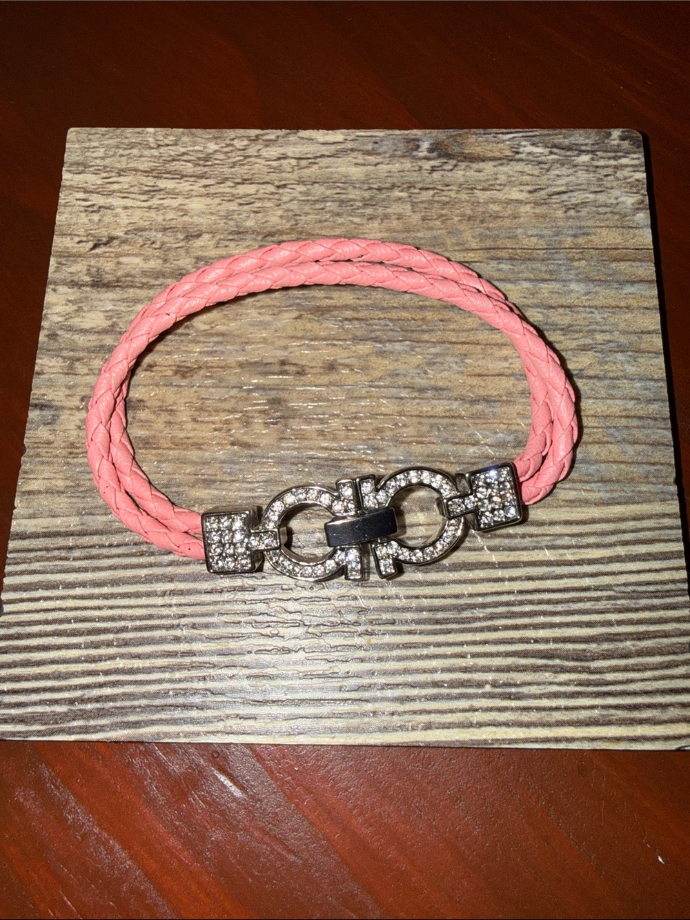 Pink Braided Leather Bracelet with Crystal Pave Clasp